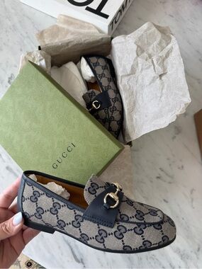 Gucci Boys Blue Signature GG Canvas Slip On Logo Loafer EU31